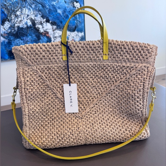 Clare V Handbags - Clare V. Simple Woven Raffia Tote Bag with Yellow Straps and Denim Interior